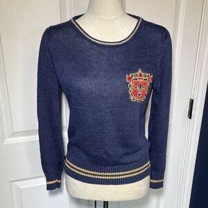 Vintage Stirling Cooper Linen Blend Navy Sweater Embroidered Crest Size Medium